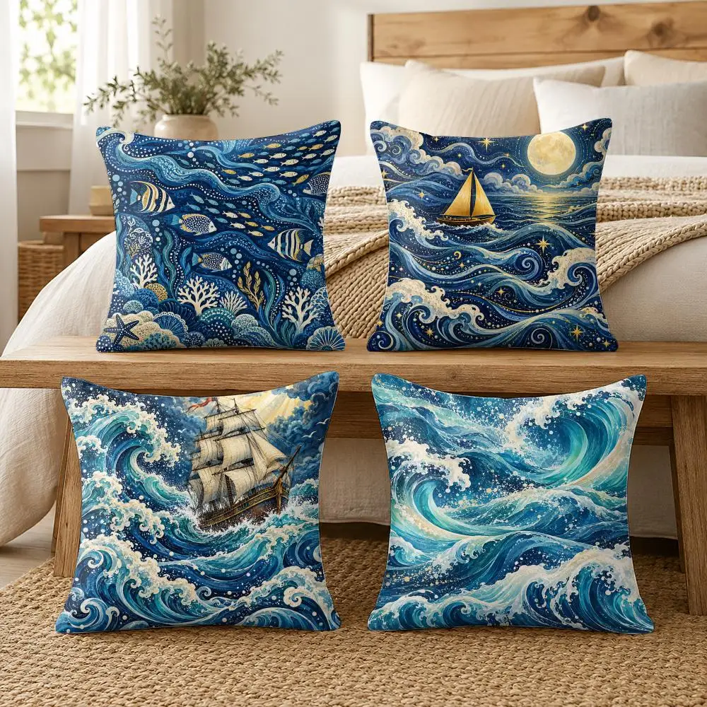 Japanese Wave Sailboat Design Cushion Cover Soft Short Plush Pillow Cases Hidden Zipper Cutecore Sofa Bedroom Home Decor Gift