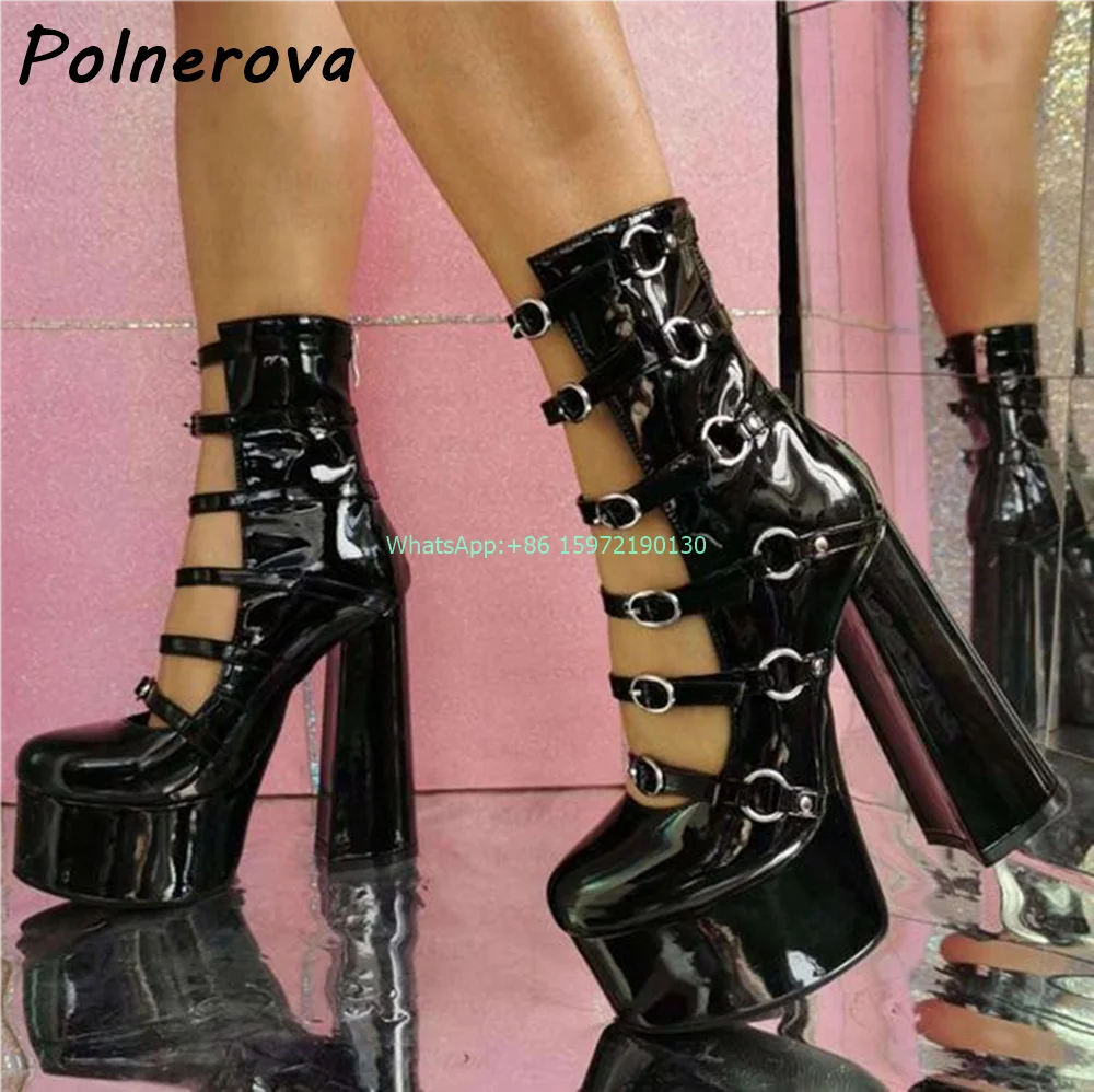 Solid Platform Patent Leather Boots Round Toe Square Heels Buckle Belt Hollow Pumps Lolita Hotties Sexy Gothic Stiletto Shoes