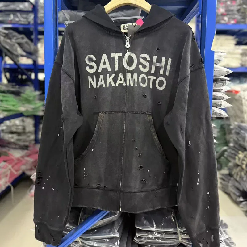 Retro Washed Blue Satoshi Nakamoto Zipper Hoodie Set New Letter Printed Street Fashion Brand Distressed Men Women Sports Sets