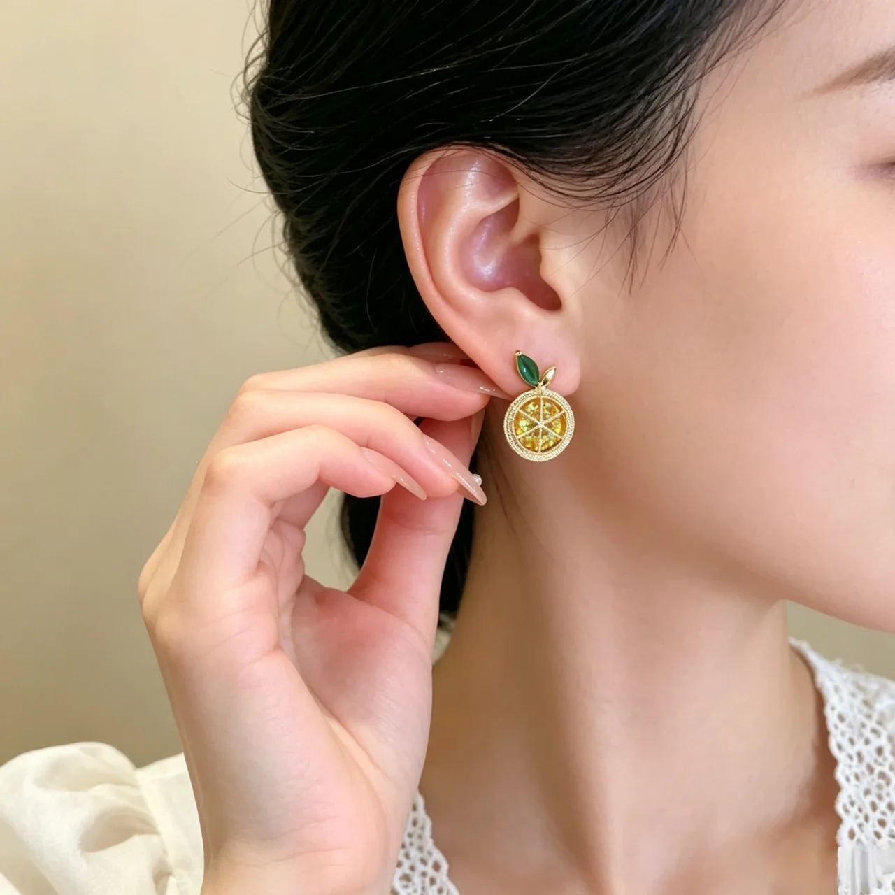 MOJOY Cute Orange Fruit Stud Earrings for Women Yellow Crystal Green Leaf Rhinestone Gold‑Tone Party Ear Jewelry