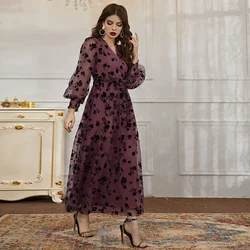 2022 New V-neck Long Sleeve High Waist Big Swing Dress Print Lace Muslims Women Dress Arabic Abayas for Women