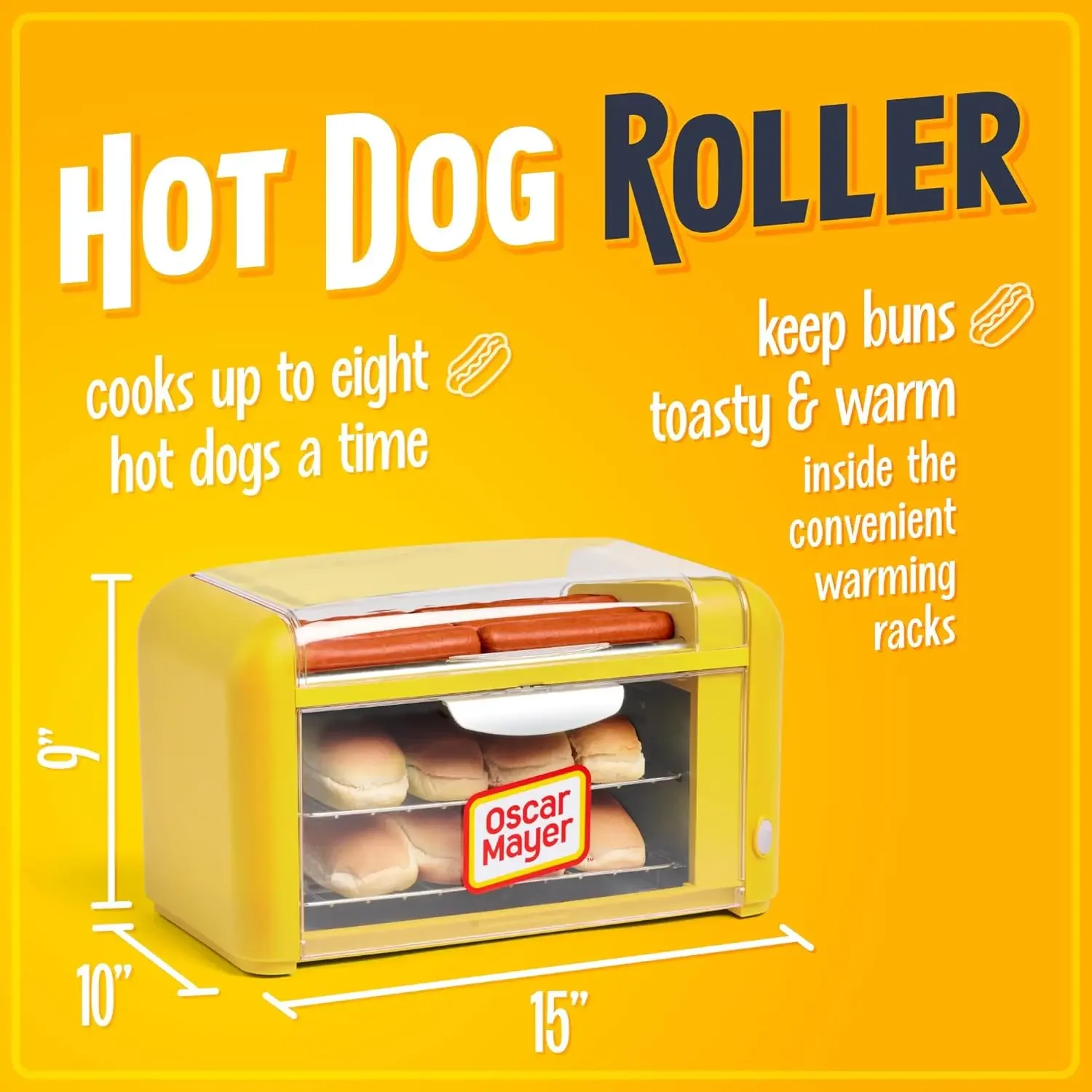 Oscar Mayer Extra Large Countertop 8 Hot Dog Roller and Bun Toaster Oven - Stainless Steel Rollers and Non-stick Warmi