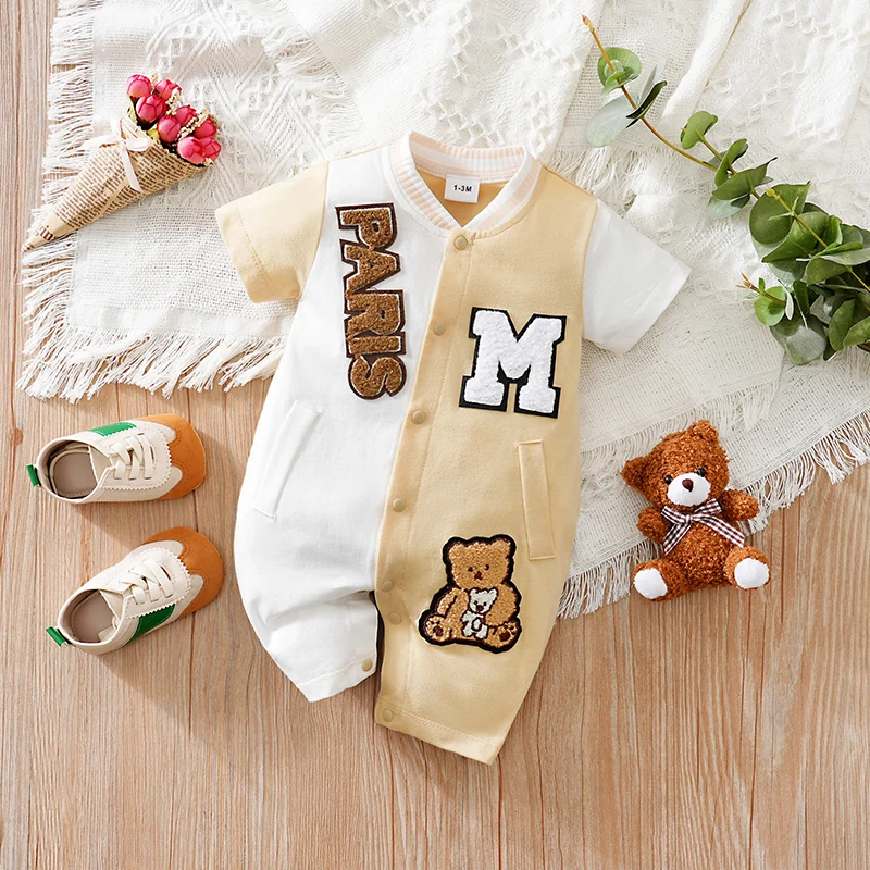 

Baby Clothes Cute Cartoon Teddy Bear Letter Embroidered Comfortable Soft Boy And Girl Summer Short Sleeved Baby Jumpsuit