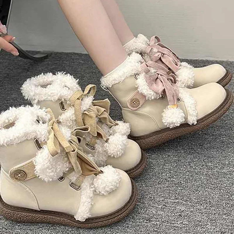 

Sweet Winter Girls Lolita Mid-Calf Snow Boots Young Women Students Bowknots Buttons Plush Warm Furry Flat Platform Shoes