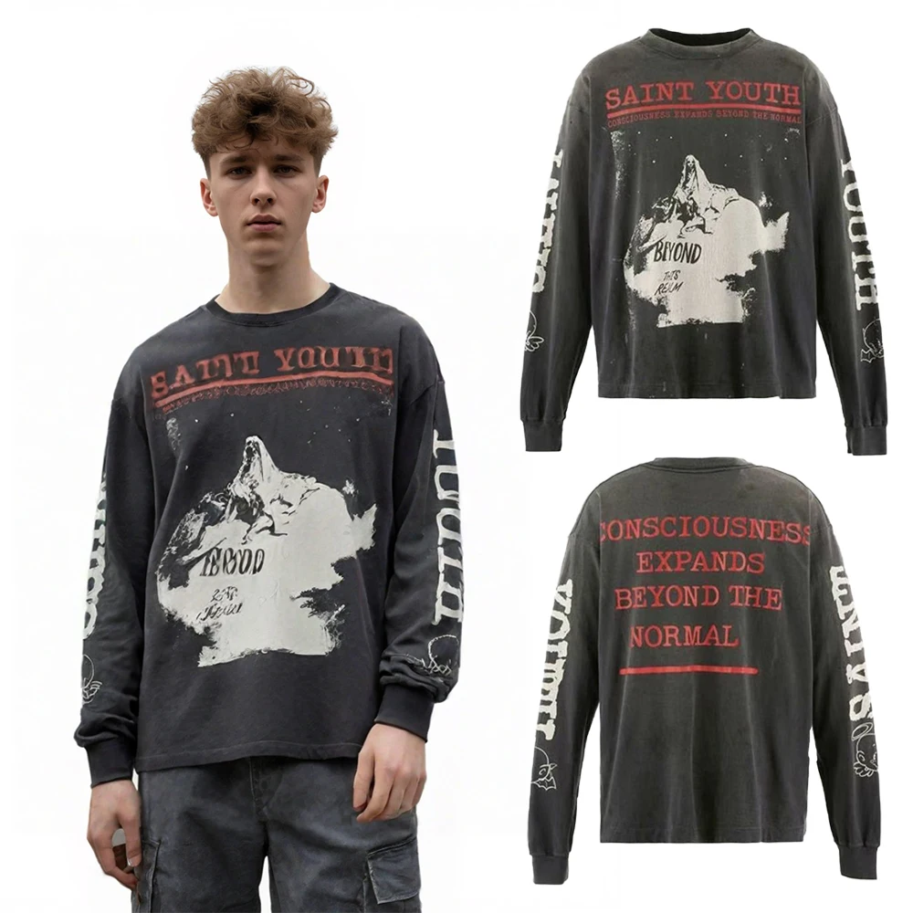 

Y2k Men's Clothing Streetwear Graffiti Printed Graphic T Shirt Street Style Oversized Casual Cotton Distressed Long Sleeve Tees
