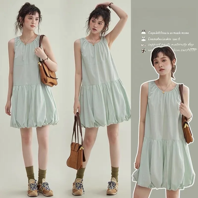 Sly Chiyoda, nuevo estilo de verano, vestido sin mangas de color verde Academy Wind, falda corta de algodón con cintura alta, ropa informal
