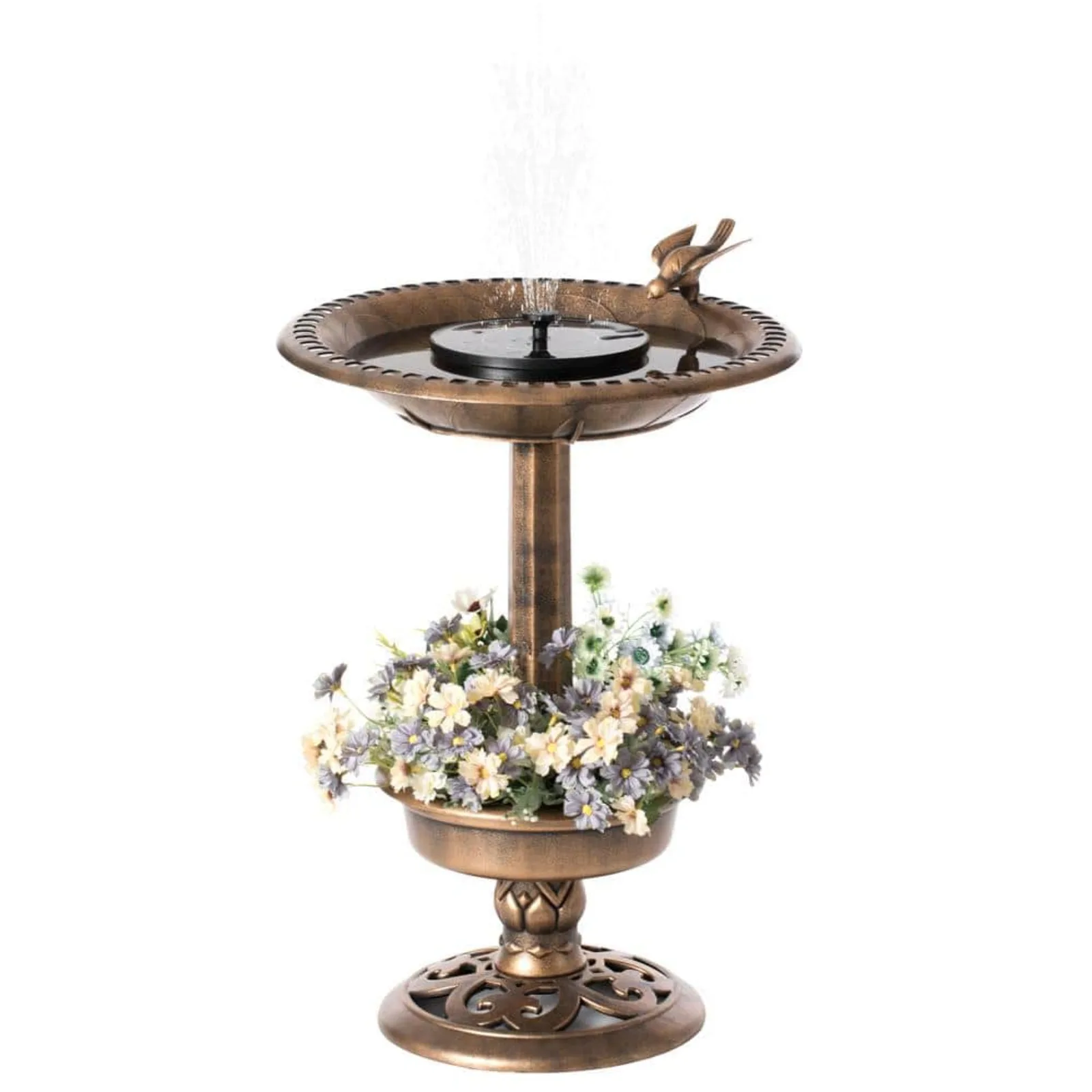 

US Outdoor Garden Plastic Birdbath and Solar Powered Round Pond Fountain with Planter Bowl, Copper