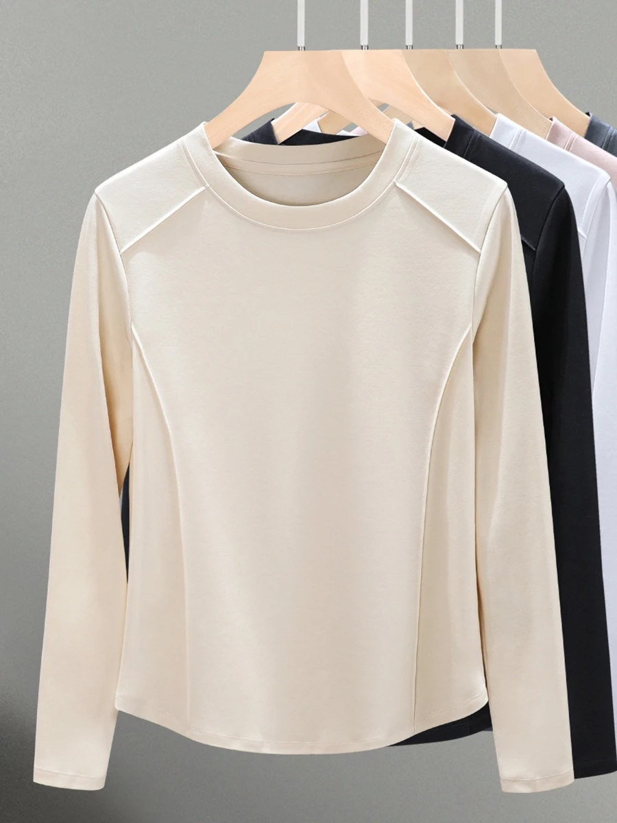 2026 Spring Women Mercerized Cotton T-shirt Round Neck Long Sleeve Curved Hem Slim Fit Inner Wear Casual Basic Undershirt Tops