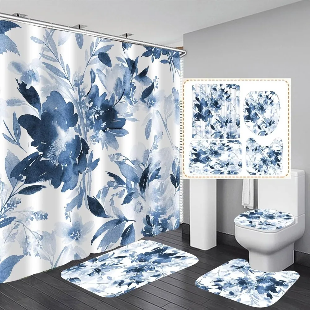 

Набор занавесок для душа с синими листьями, наборы для ванной комнаты, цветочные наборы для ванной комнаты с ковриками, синяя занавеска для душа с 12 крючками