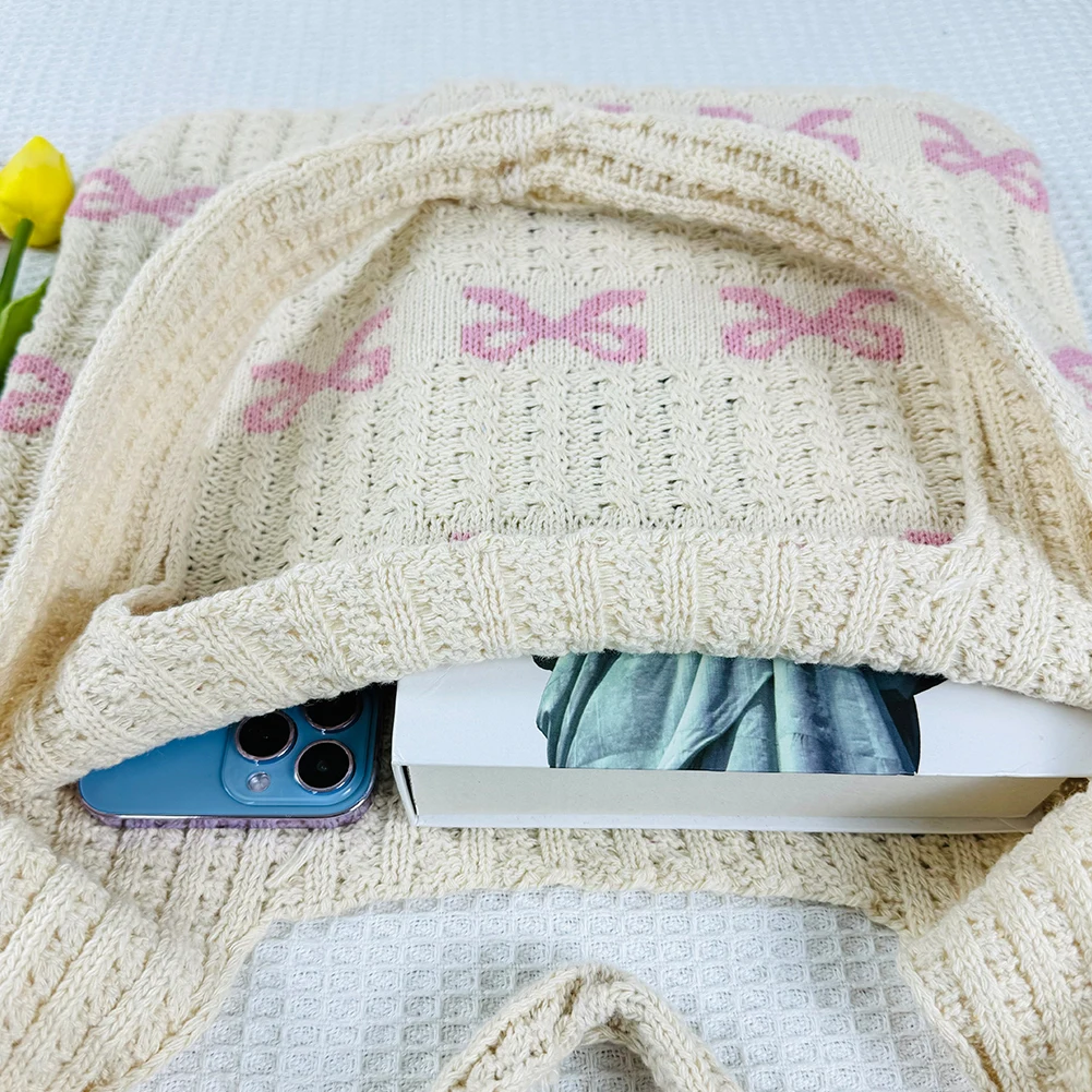 Women's Boho Crochet Bag Knitted Bow Pattern Handbags Summer Beach Bag Hollow Woven Shoulder Bag for Travel Shopping Daily Use
