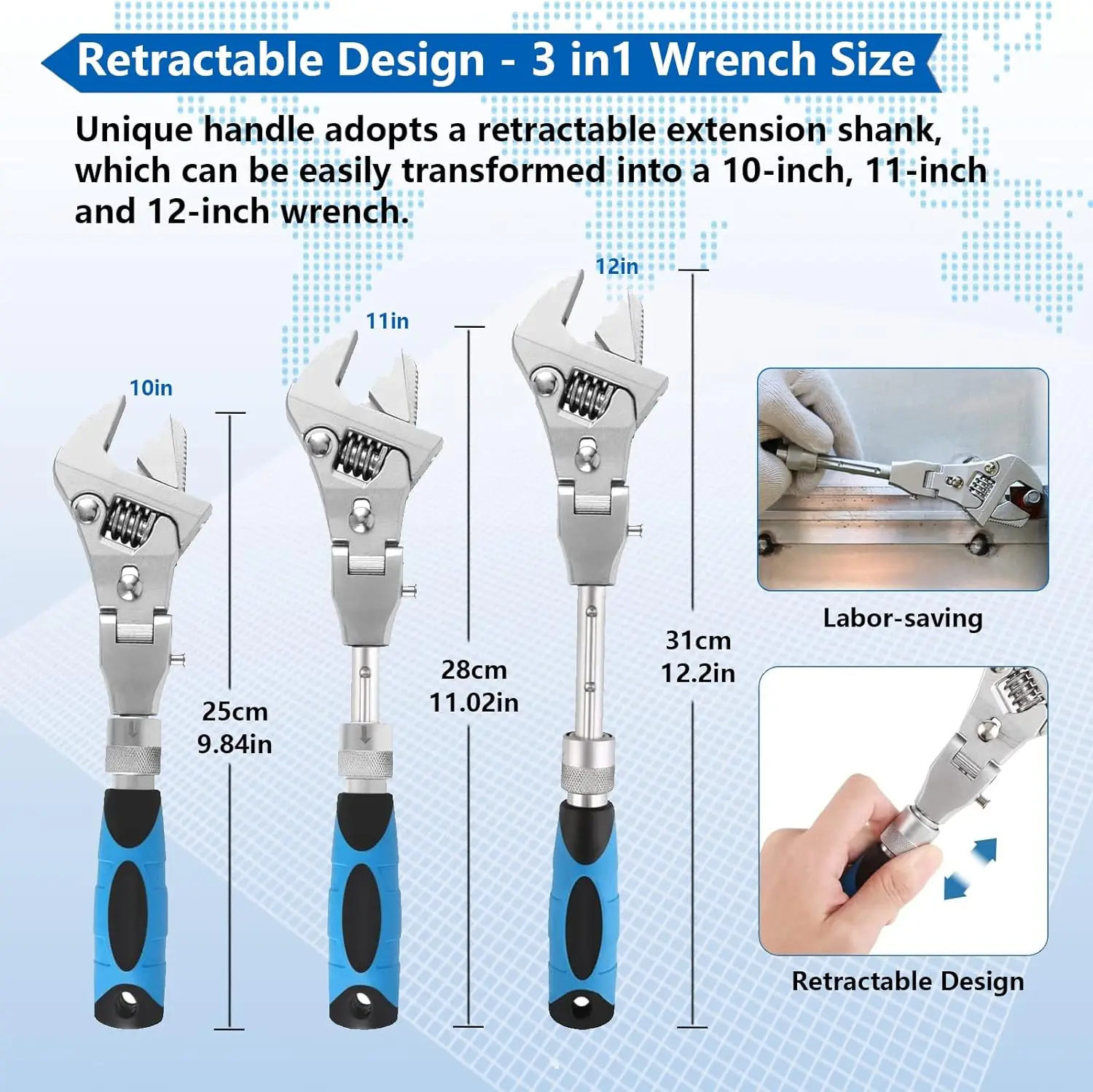 10 Inch Adjustable Wrench Ratcheting Crescent Wrenches with Retractable Extension Shank and 180⁰ Rotating Head