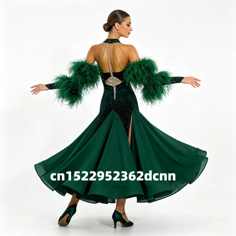 Female Ballroom Dance Ostrich Feather Mesh Splicing Long Sleeves Dresses Customize Adult Waltz Ango Modern Contest Clothes