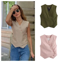 PB&ZA 2024 Spring New Women's Fashionable and Casual Versatile Asymmetric Design Slanted Open Short Vest