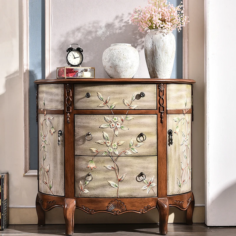 

!@American Retro Modern Semi-Round Solid Wood Side Cabinet for Home Corridor Bedroom Small Door Entrance Hall Living Furniture