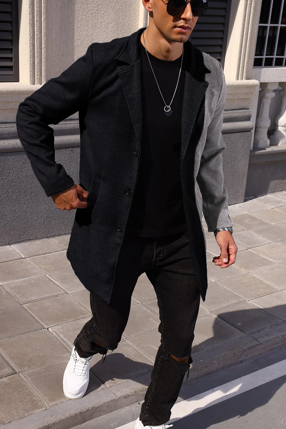 

Big＆ Tall Men's Colorblock Woolen Coat Button Front Pocket Casual Long Sleeve Lapel Neckline Outerwear for Fall Winter