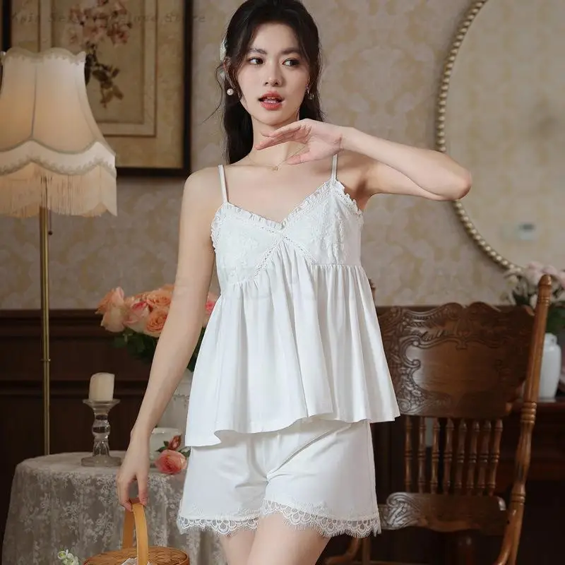 Sexy Lace Cami&Shorts Pajamas Women\'s Summer Home Wear Loose Casual Spaghetti Strap Pyjamas Pink Intimate Lingerie Sleepwear