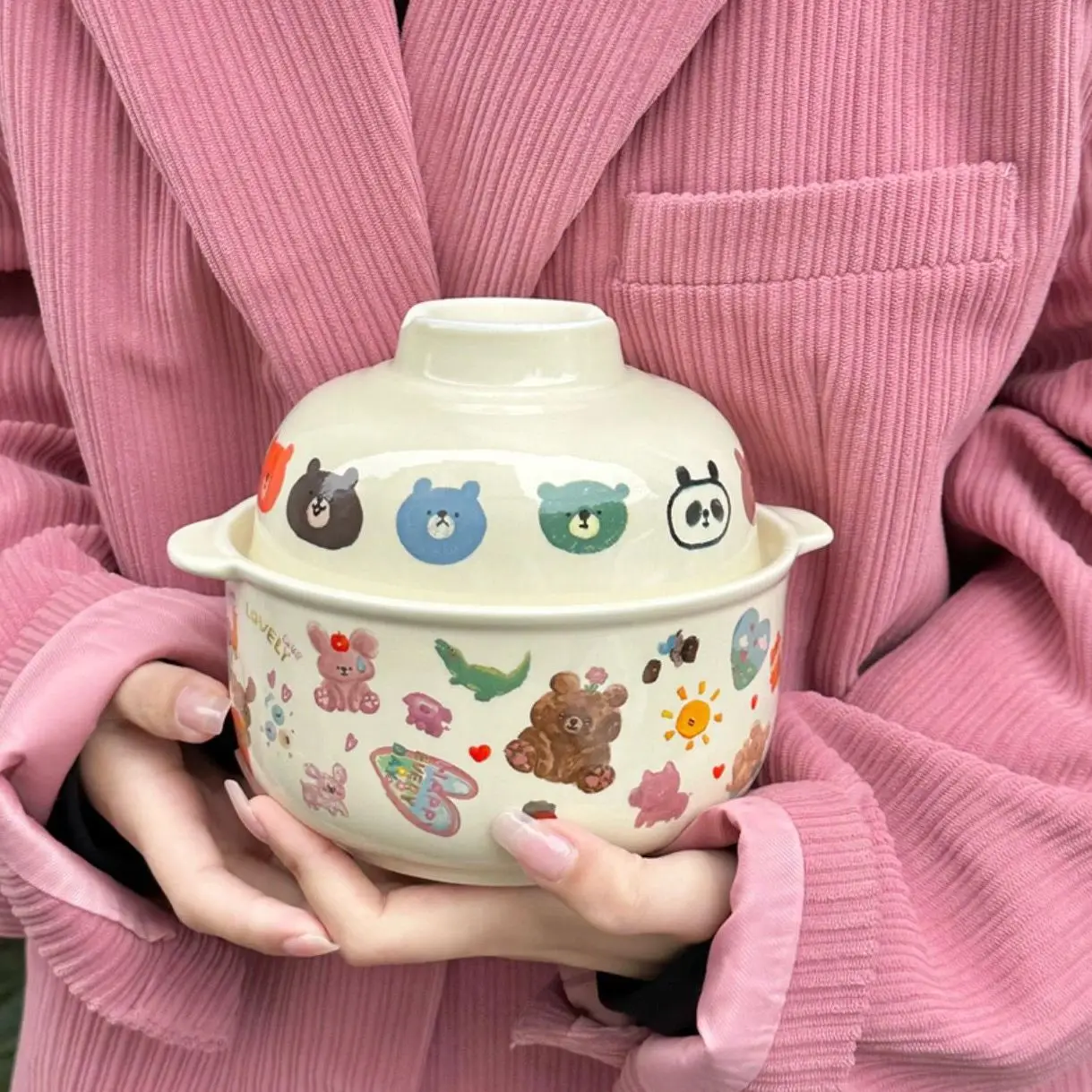 Lovely Bear Ceramic Instant Noodles Bowl High Beauty Retro Cream Large Capacity Bowl with Lid Student Dormitory 650ml