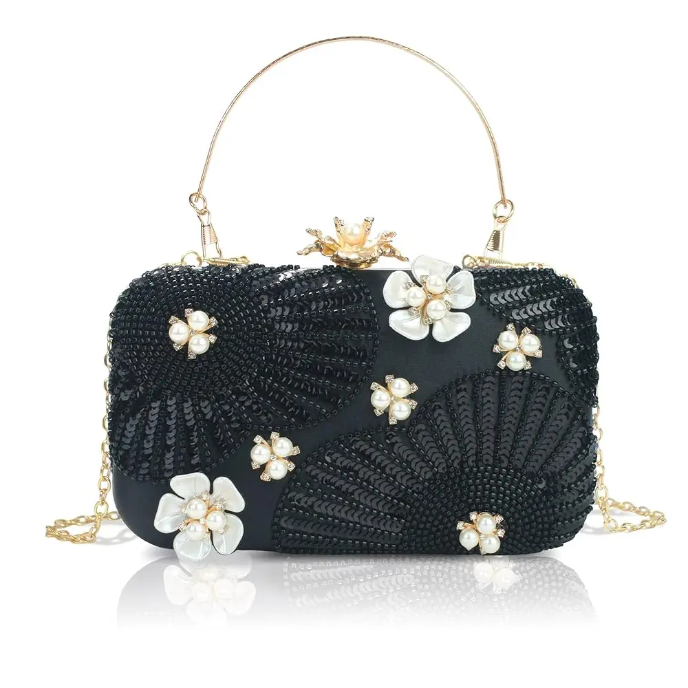 

Женская вечерняя сумочка-клатч с жемчугом, бисером, цветами и пайетками, на цепочке, через плечо