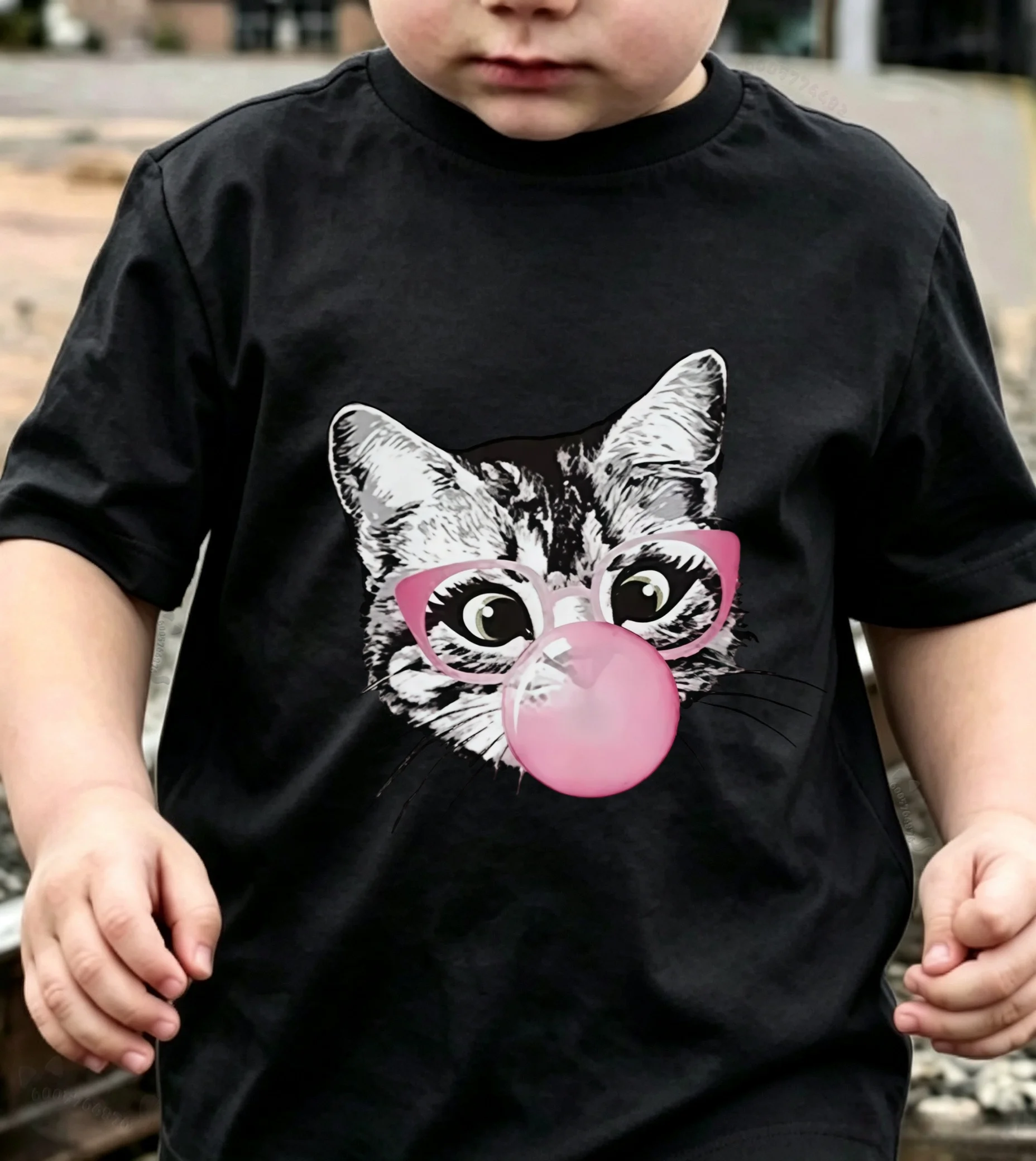 Y2K's latest children's pure cotton T-shirt - Retro tiger with adhesive tape, cat-themed sports round-neck short-sleeved top