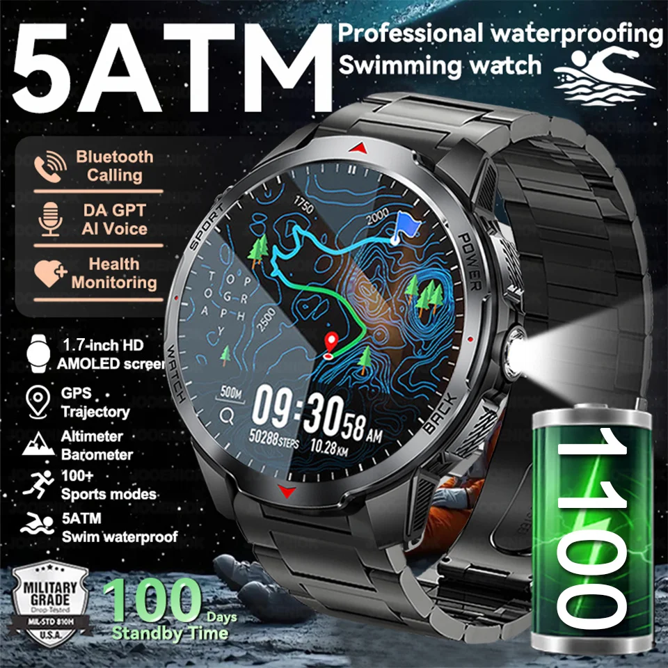 

Новинка 2025 года, аккумулятор 1000 мАч, военные мужские 5 атм, водонепроницаемые умные часы для плавания, GPS, компас, высотомер, Bluetooth-вызов, спортивные умные часы
