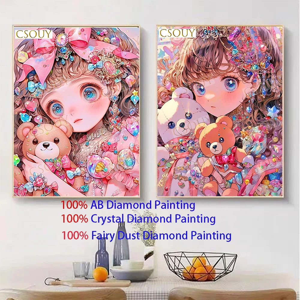 Elegant Girl Bowknot Bear 100% Fairy Dust Square Diy Diamond Painting Cross Stitch Embroidery Mosaic Home Decor Needlework Cryst