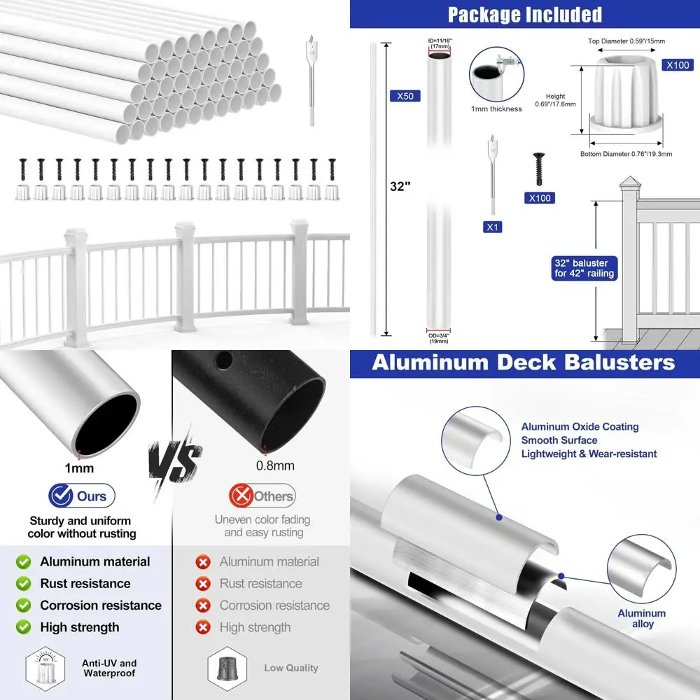 

Набор из 50 УФ-стойких белых круглых балясин (32 мм) для перил