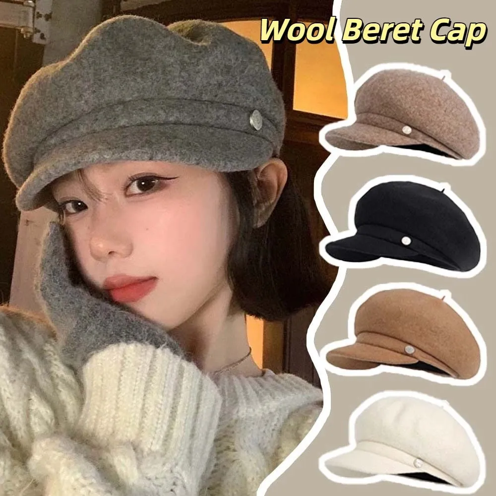 

Solid Color Wool Beret Cap Dome British Style Octagonal Brimless Hat Knitted Big Head Circumference Women Artist Hat Winter
