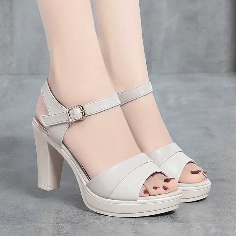 

New Women's Sandals Summer 2025 Platform Concise Thick High Heel 8.5 Cm Women Shoes Offers Dress Peep Toe Black and Beige Shoes