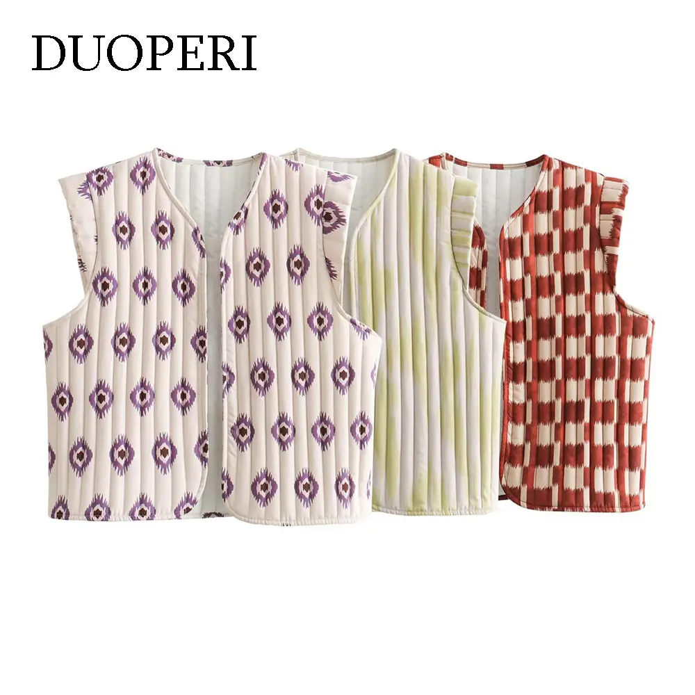 

DUOPERI Women Fashion Printed Sleeveless Jacket Waistcoats V-Neck Vest Female Chic Lady Casual Tank Tops