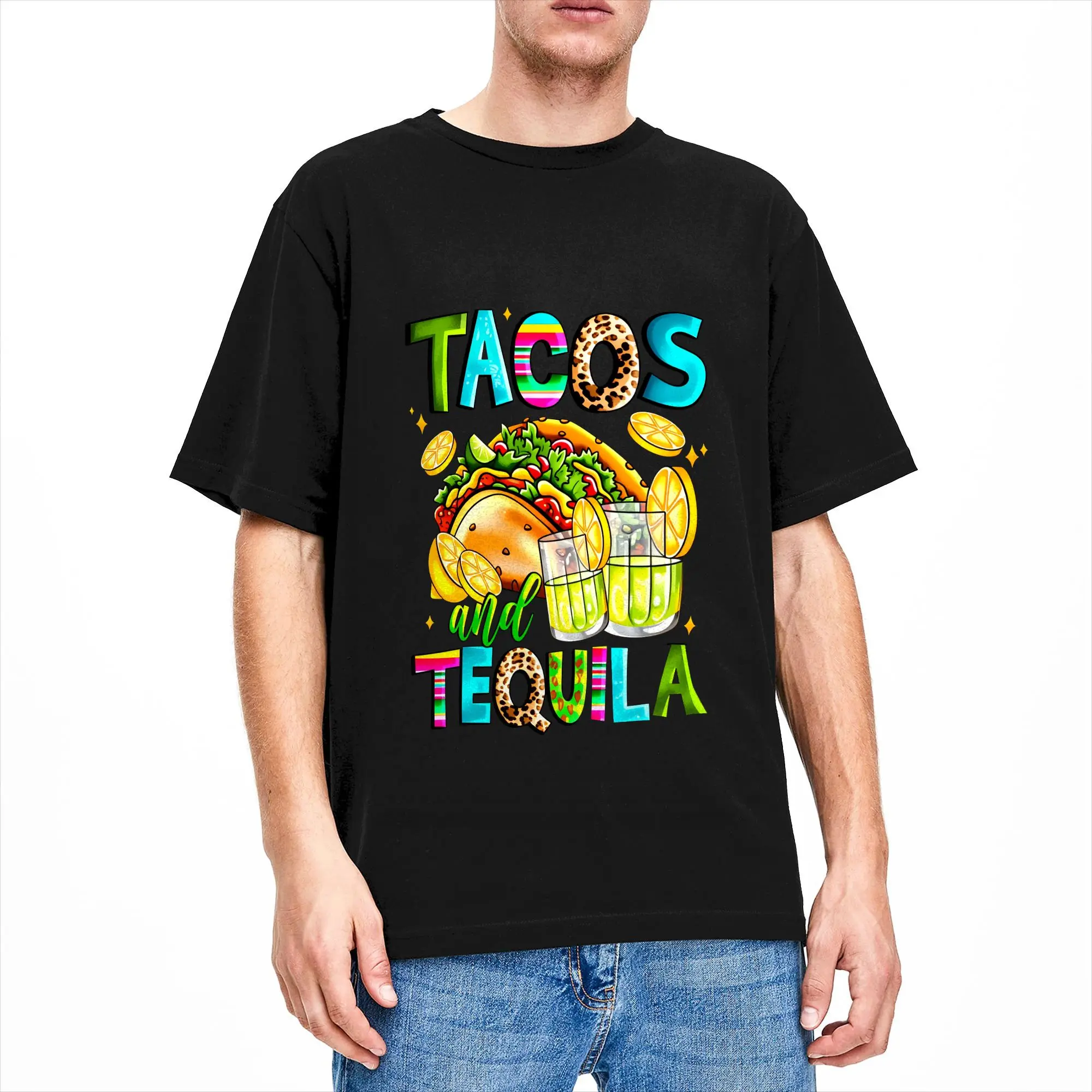 Tacos and Tequila Mexican Fiesta Party Nacho Men's T Shirt Vintage Tees Short Sleeve Round Neck T-Shirts Cotton Printed Clothing