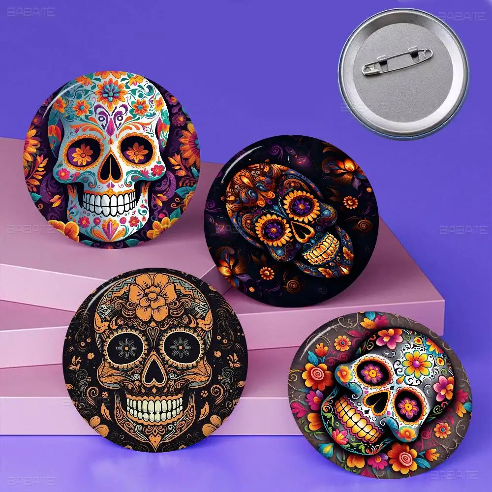 Spooky Halloween Colorful Sugar Skull Printed Photo Brooches Creative Round Badge Gifts Pins 32/44/58mm