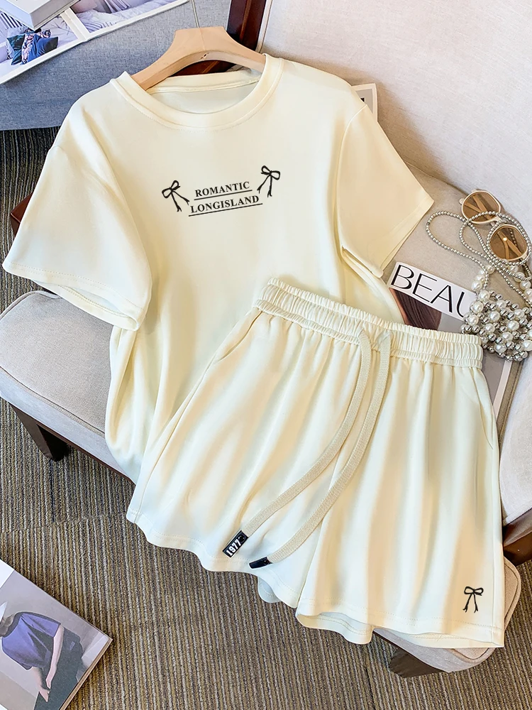 

2024 Summer Korean Letter Bow Print Casual Short Sleeved T Shirts+Lace-Up Wide Leg Shorts Suit Women Fashion Sports 2 Piece Sets