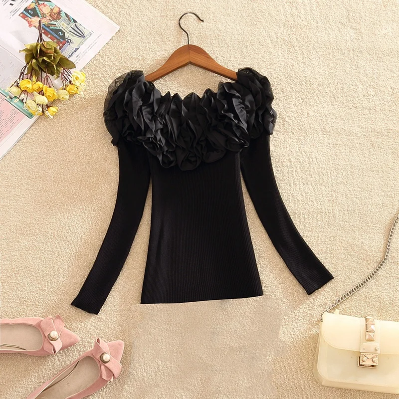 Sexy Slim Fit Knitted Shoulder Bared One Shoulder Top Long Sleeve Base Shirt for Women Trendy Autumn Winter Sweater Sweet Style