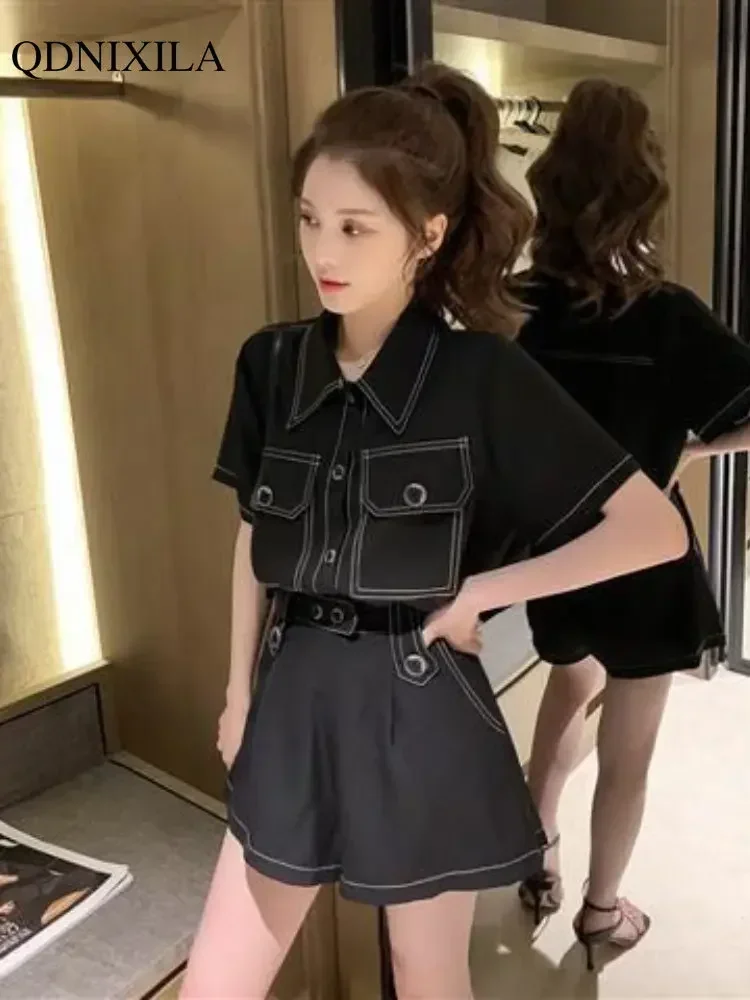 2024 Summer New in Women\'s Short Sets Black Cargo Suit Korean Style Fashion Elegant Women Two Piece Sets Outfits Matching Sets