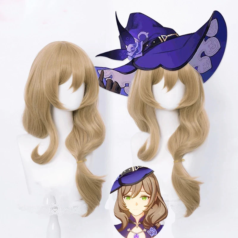 Wig Cosplay Genshin Impact Lisa Kualitas Tinggi 65Cm Rambut Sintetis Tahan Panas Bergelombang Linen Wig Game Anime + Topi Wig