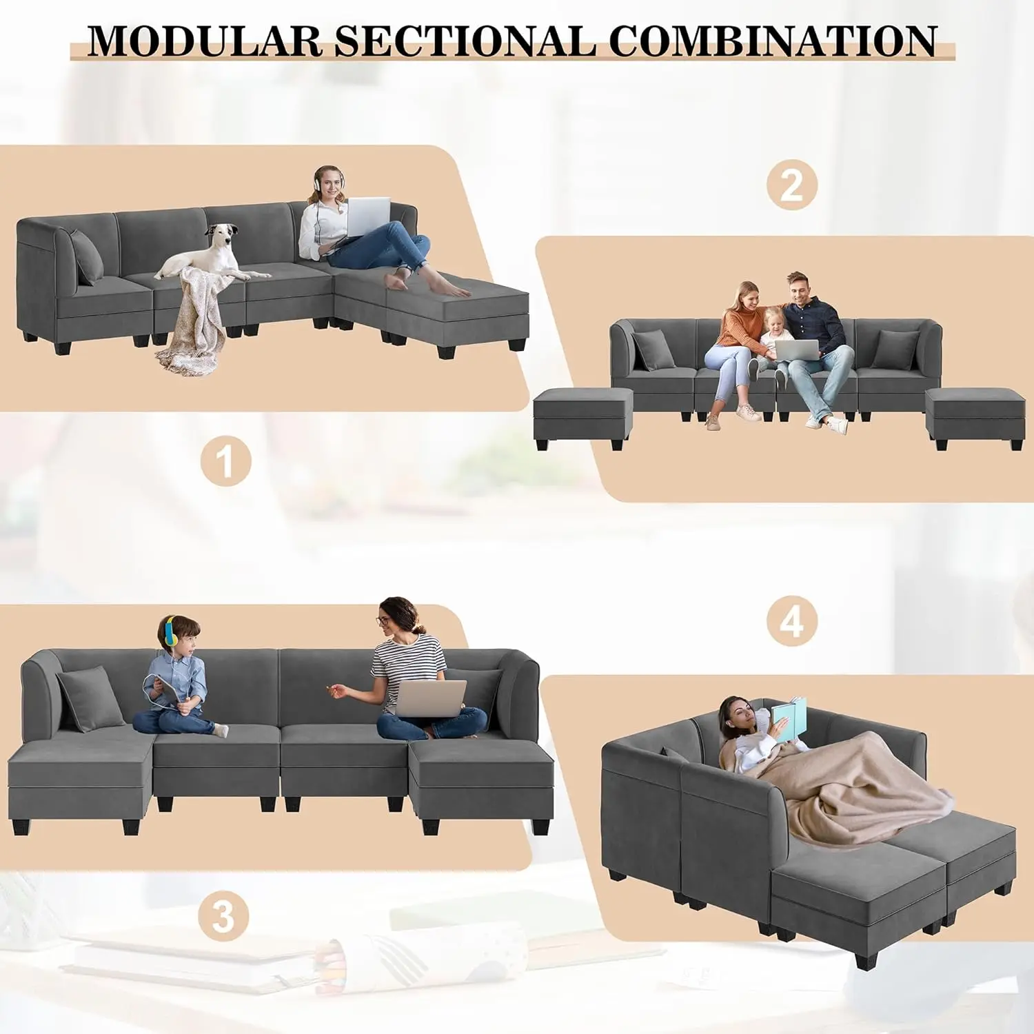 Sectional Modular Sofa with Reversible Chaise Velvet Couch Sofa Modular Large Sectional Couch with Ottoman