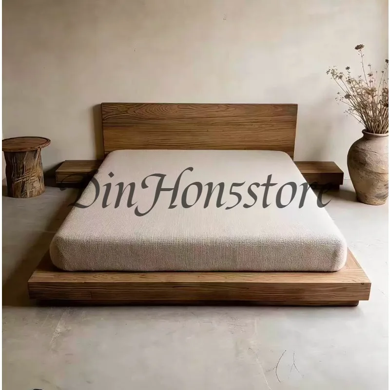 Solid wood double bed master bedroom solid wood queen bed B & B hotel environmental protection E0 unique design log retro