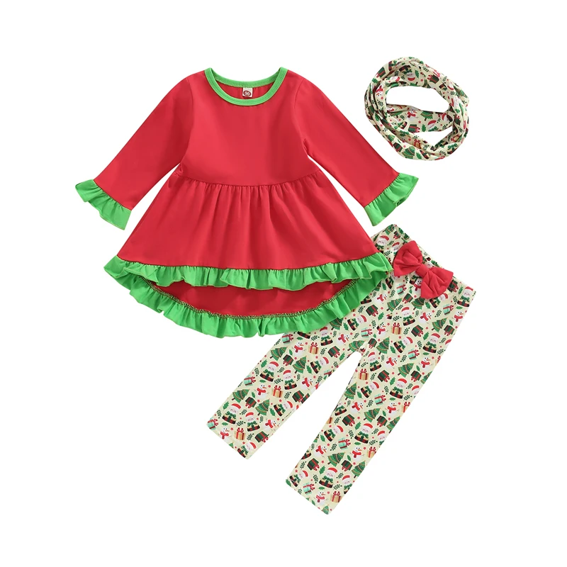 Kinder-Outfit, stilvolles, langärmliges Rüschenoberteil mit Rundhalsausschnitt, Weihnachtsmann-Schleifenhose, passender Schal für einen trendigen Look