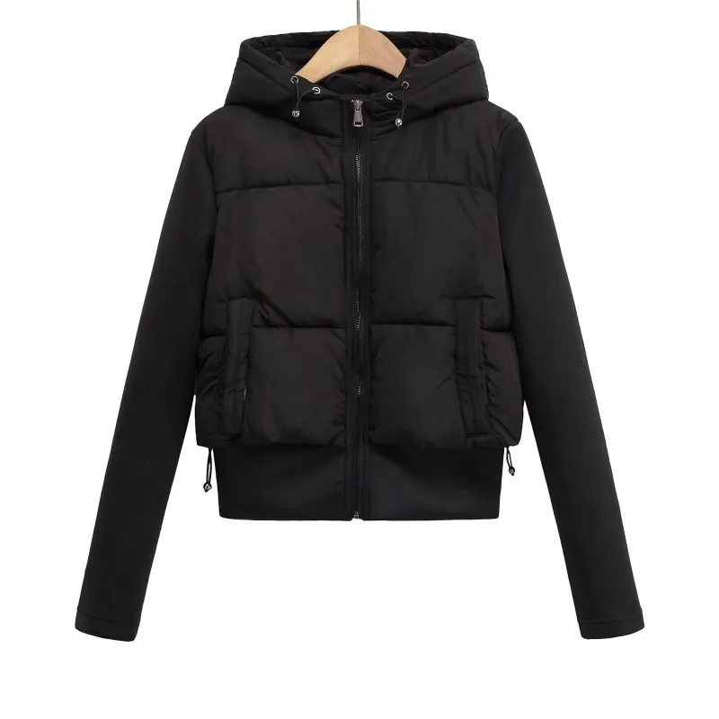 

New Women's Casual Fashion Slim Stretch Fabric Splicing Cotton Coat Warm Hooded Slim Fit Versatile Hooded Cotton Jacket