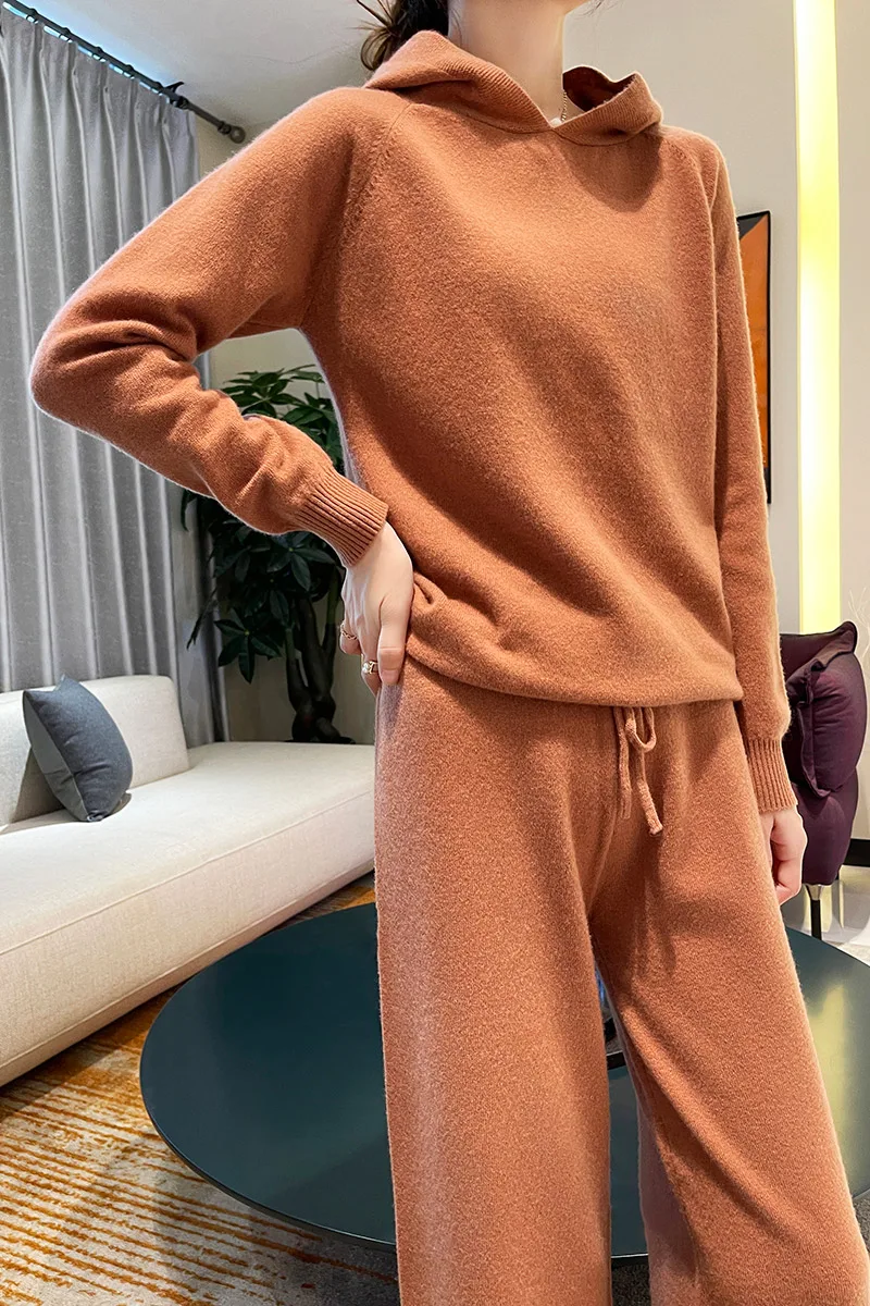 

Autumn Winter 100% Merino Wool Woolen Trousers Suit Hooded Cashmere Sweater Soft Long Sleeve Fashion Clothes