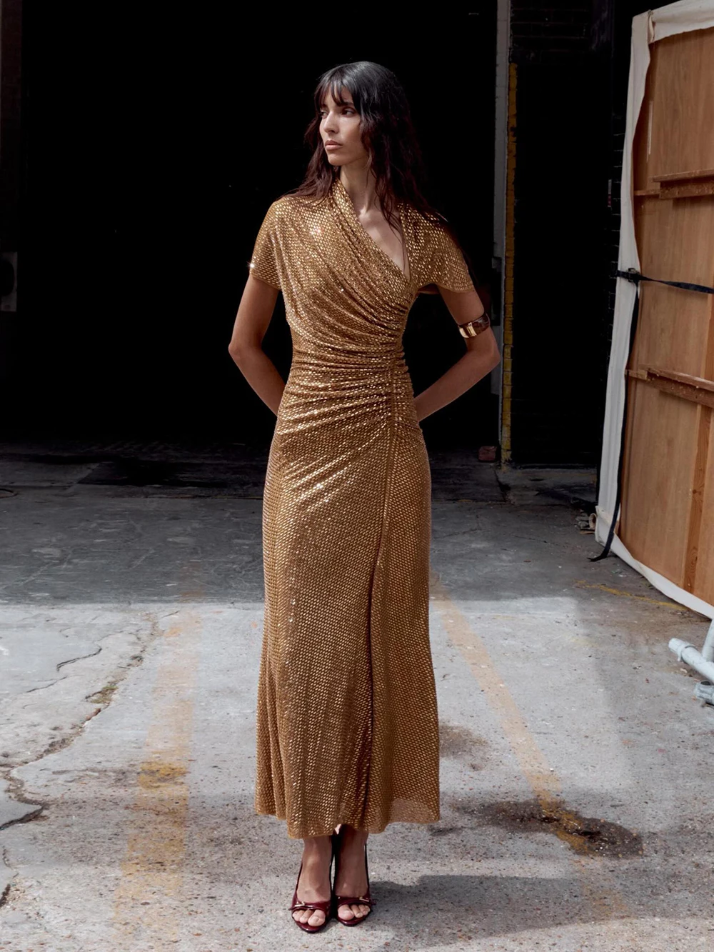 European and American Heavy Industries Water Diamond Sexy Short Sleeve Slant Collar Dress Banquet Evening Dress Long Dress