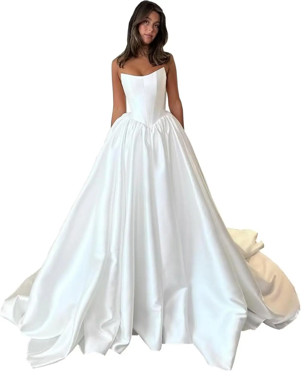 

Strapless Wedding Dresses for Bride Satin Ball Gown A Line Bridal Dress with Pockets Evening Dresses