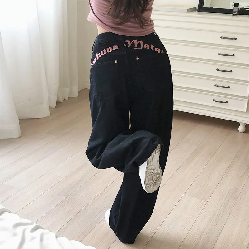 

Джинсовые джинсы с высокой талией и вышивкой букв, женские утягивающие брюки Sli Agel, широкие брюки длиной до пола, универсальные джинсы Bla