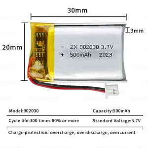 Polymers Lithiumbatterie, 902030, 500 mAh, 3,7 V, wiederaufladbare Li-PO-Batterien für Sonnenlicht, DVD, MP3, MP4-Verfolger, Gegenrove-Gerät 8 Hauptverkaufsbatterie für Solarhaus - №5