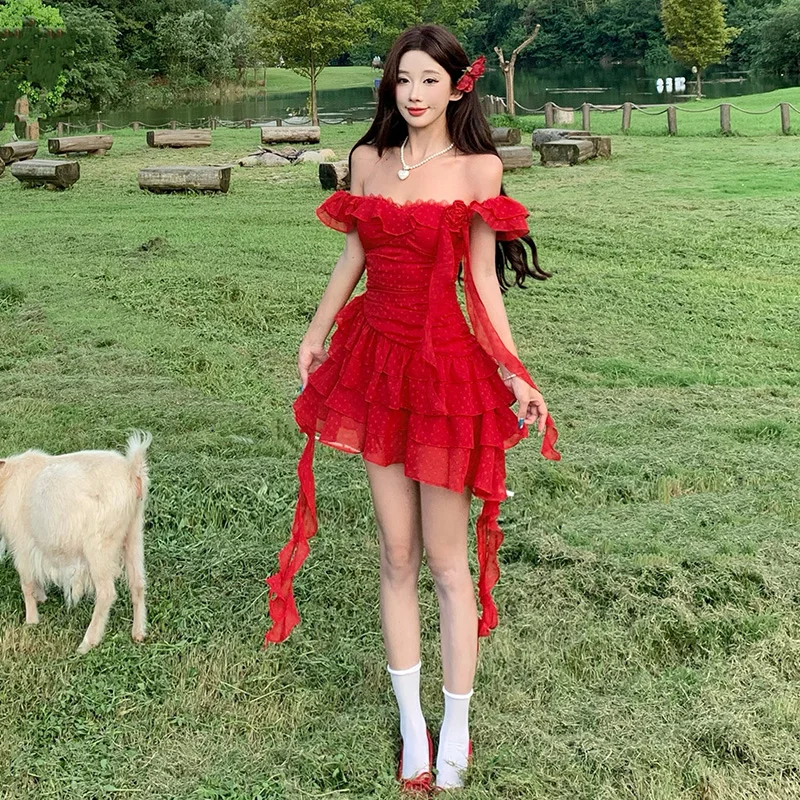 

Retro Red One-oulder Sa Dr Prairie Northwest Sle Flounce ort Skirt Pure Desire Sle No-Sve Chiffon Tourist Dr