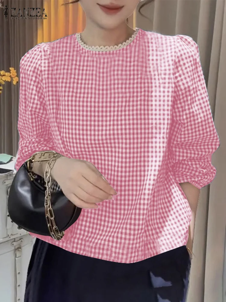 ZANZEA Women Casual Long Sleeve Plaid Checked Blouse Spring Elegant Lace Patchwork Tops Vintage Work Party Shirt Loose Blusas