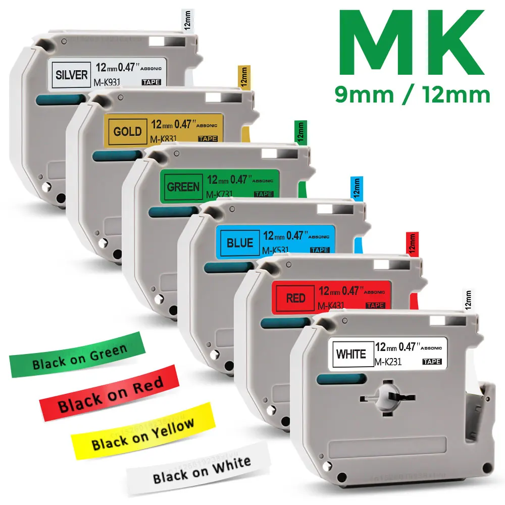 Cinta de cartucho Compatible con Brother Label, MK231, MK231, MK131, MK221, MK631, cinta de cartucho para impresora Brother p-touch PT-80, 9/12mm, 1 ud.