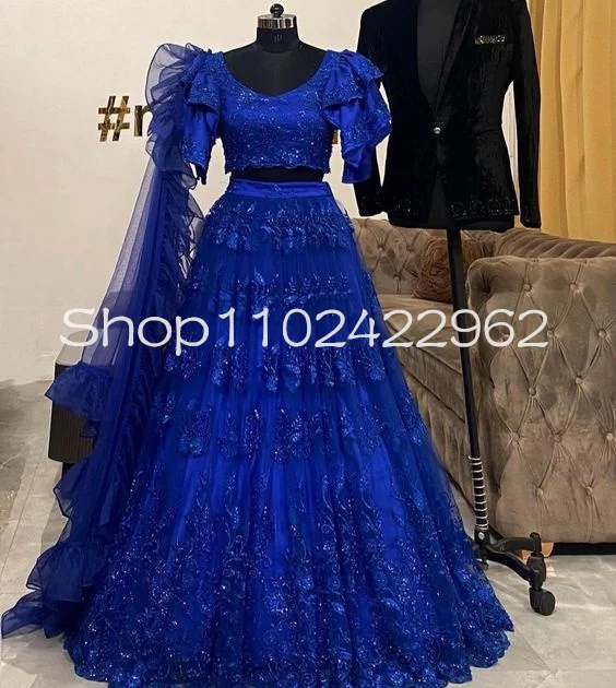 Königsblau National Lehenga Choli Brautkleider mit Schleier umhang zwei Stück Glitter Spitze Applikation indischen Braut Party kleid