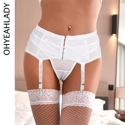 Ohyeahlady New White Sexy Lace Suspender Briefs Set Elastic 6 Straps Mesh Garters Belts Women Panties 5XL Plus Size For Stocking