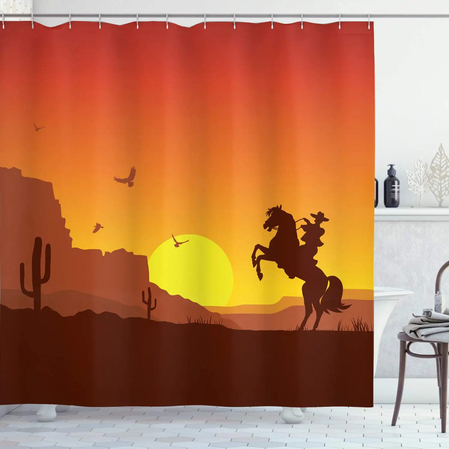 Vintage Western Cowboy Shower Curtain Red Sunset Rodeo Cowboy Riding Bull Bath Curtain Farmhouse Animal Print Bathroom Curtains